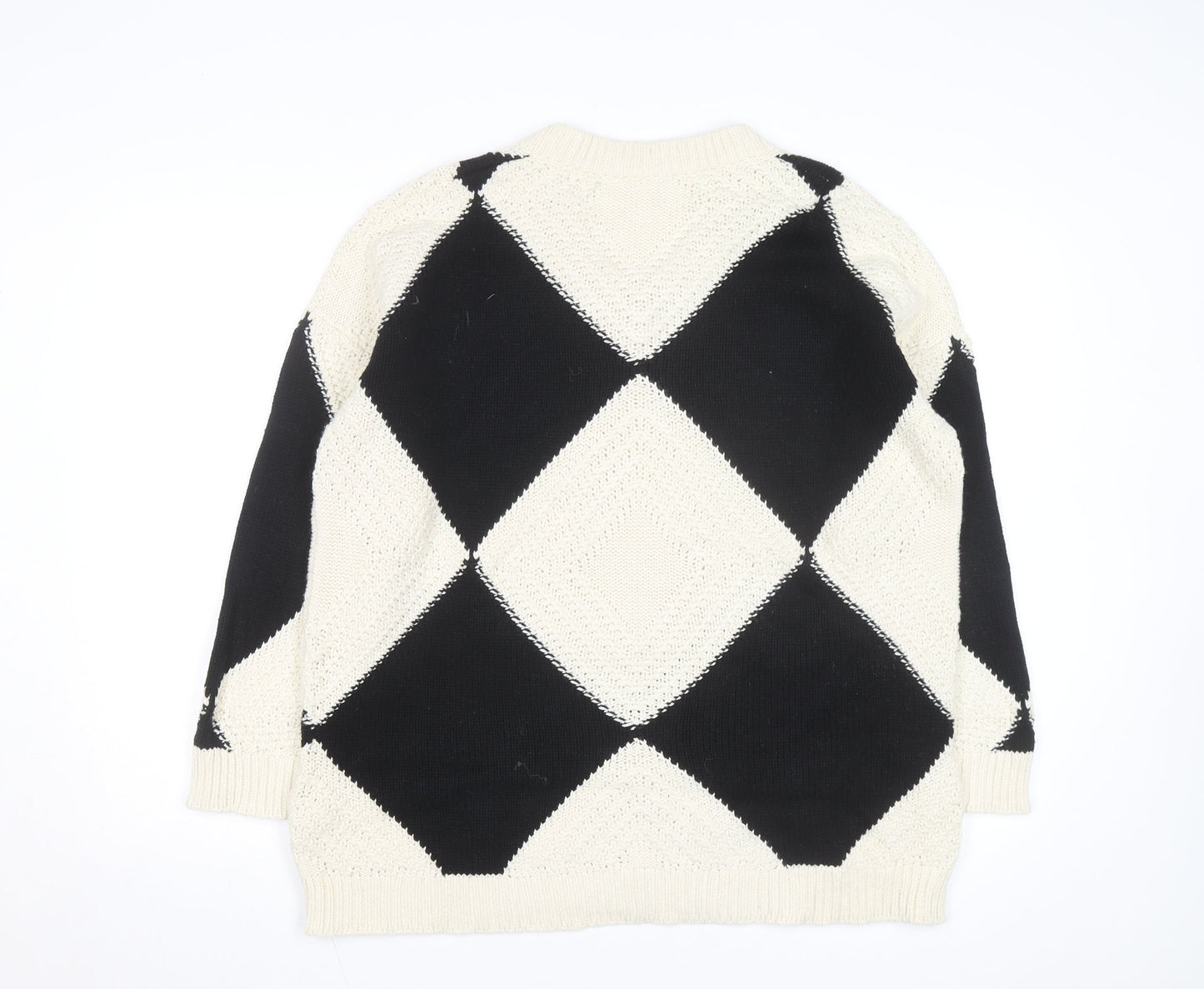 AND/OR Women's Black & Cream Argyle V-Neck Knit Jumper Size M