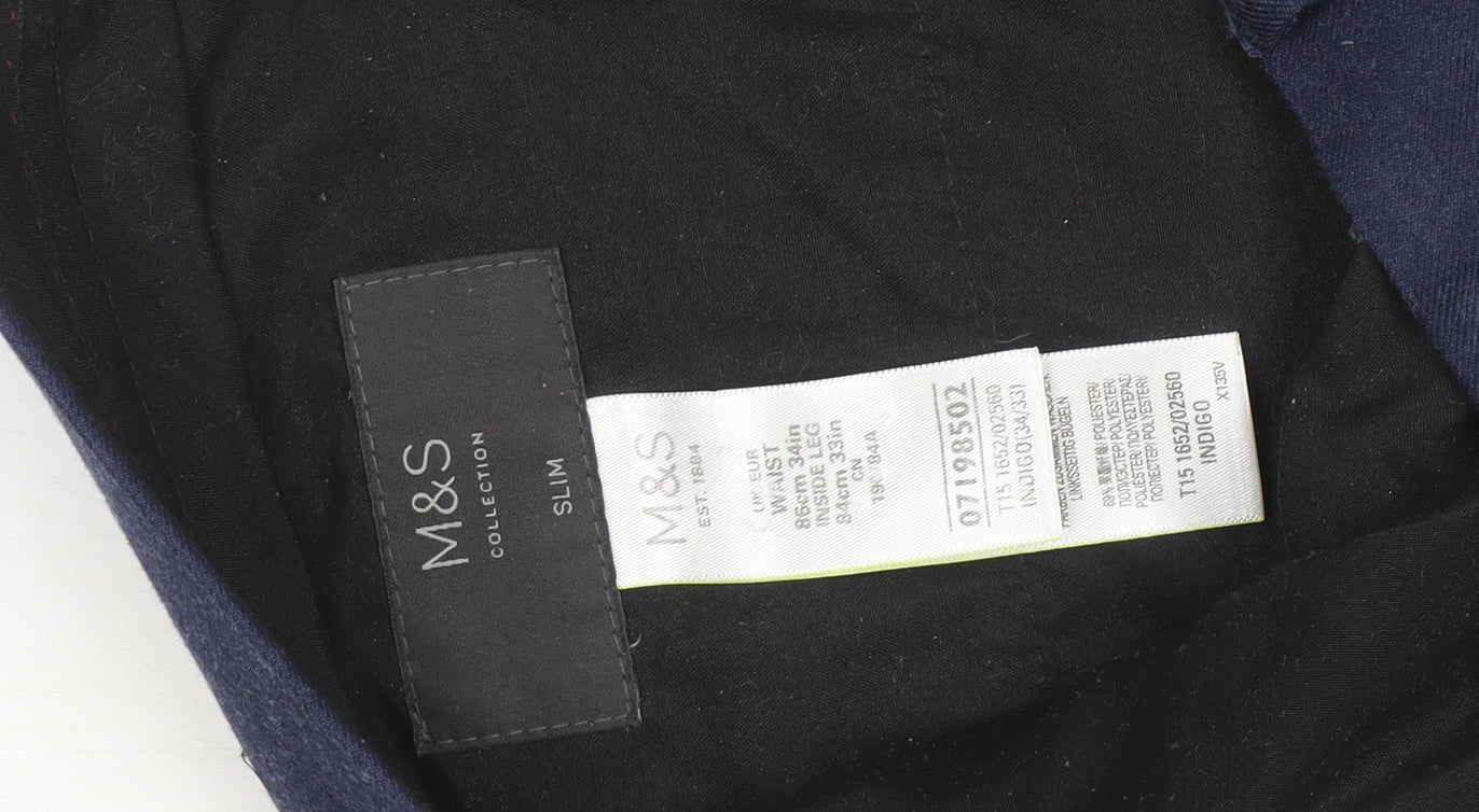 Marks and Spencer Men's Blue Slim Fit Chino Trousers 34W 31L