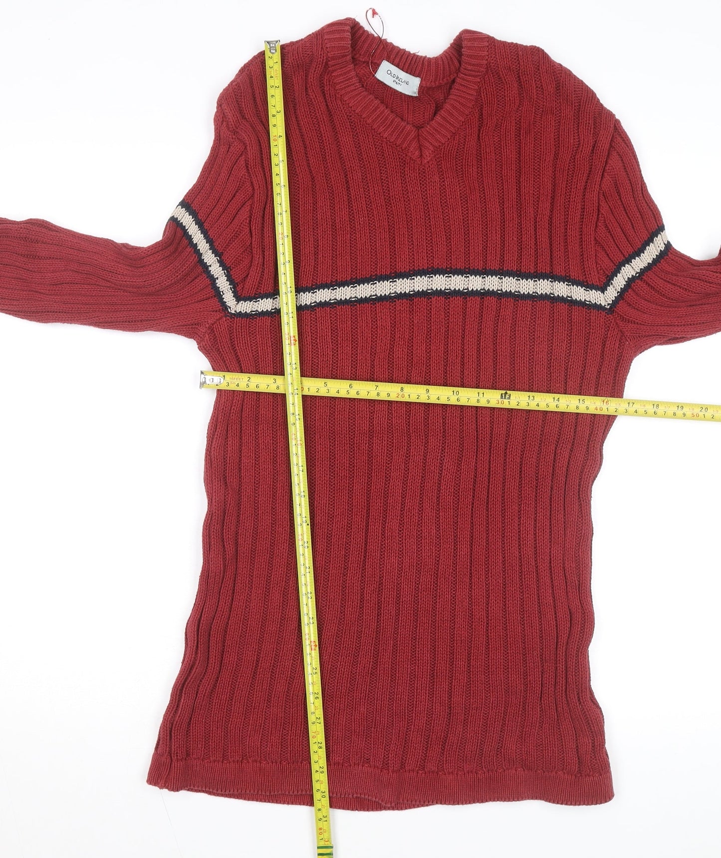 Old Ireland Utility Women's Red V-Neck Ribbed Cotton Jumper Size M