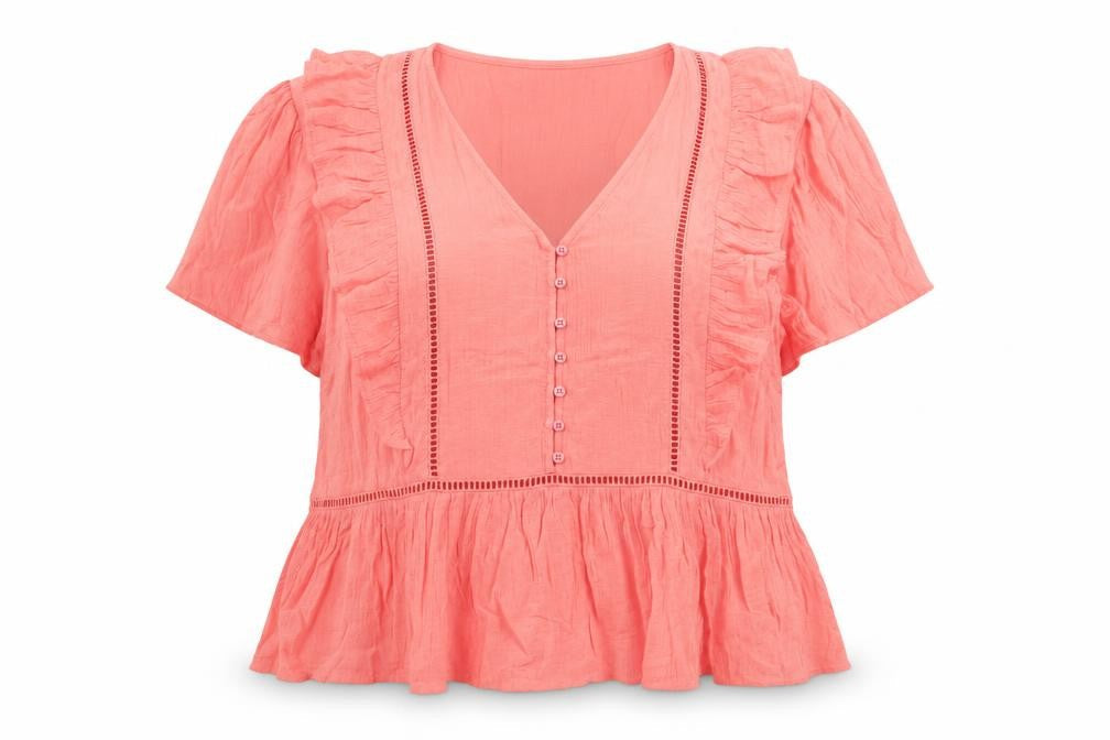 Marks & Spencer Per Una Pink Ruffle V-Neck Cotton Blouse Size 16
