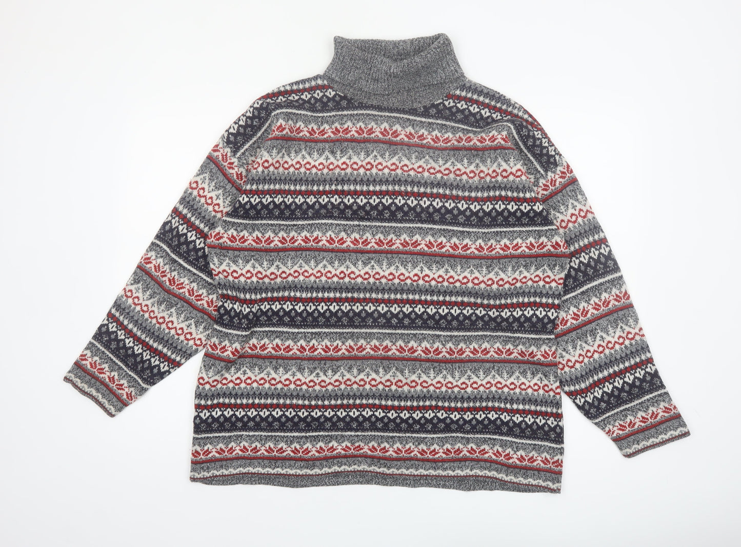 Weekend Edition Men's Grey Fair Isle Roll Neck Jumper L