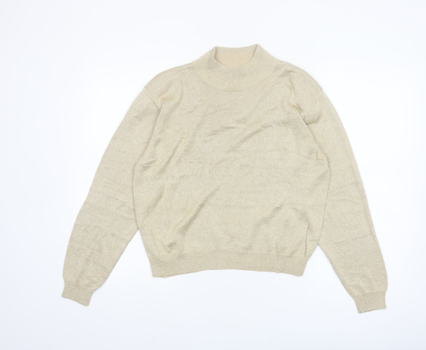 Talbots Womens Beige L Mock Neck Silk Blend Metallic Jumper