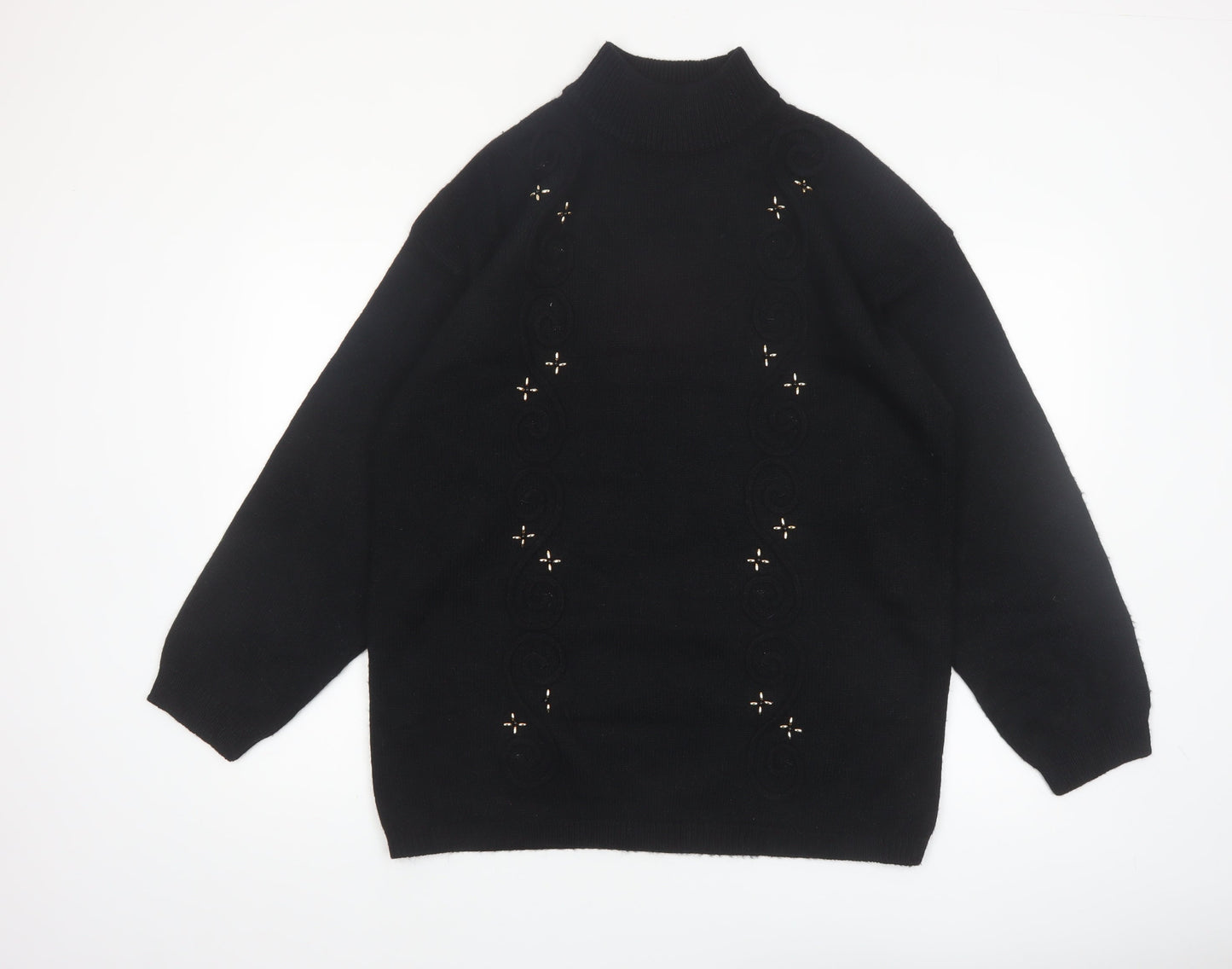 Leslie Fay Women Black L Mock Neck Embellished Knit Jumper