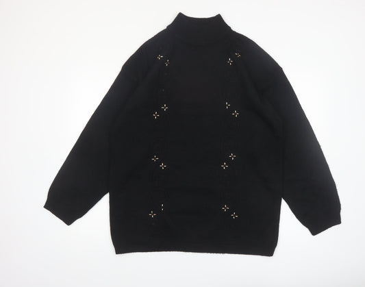 Leslie Fay Women Black L Mock Neck Embellished Knit Jumper