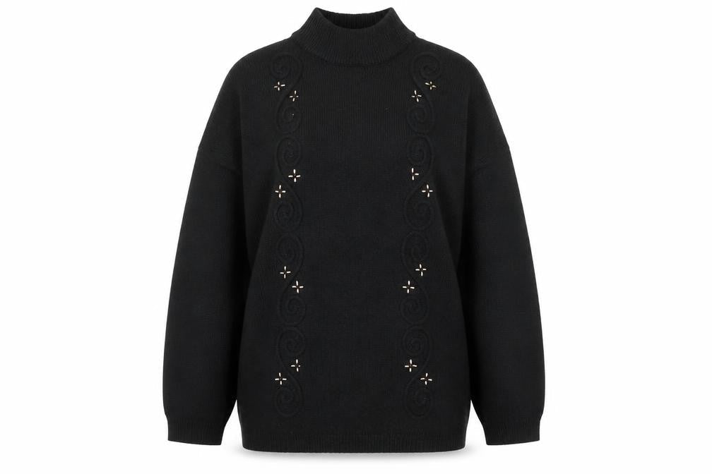 Leslie Fay Women Black L Mock Neck Embellished Knit Jumper