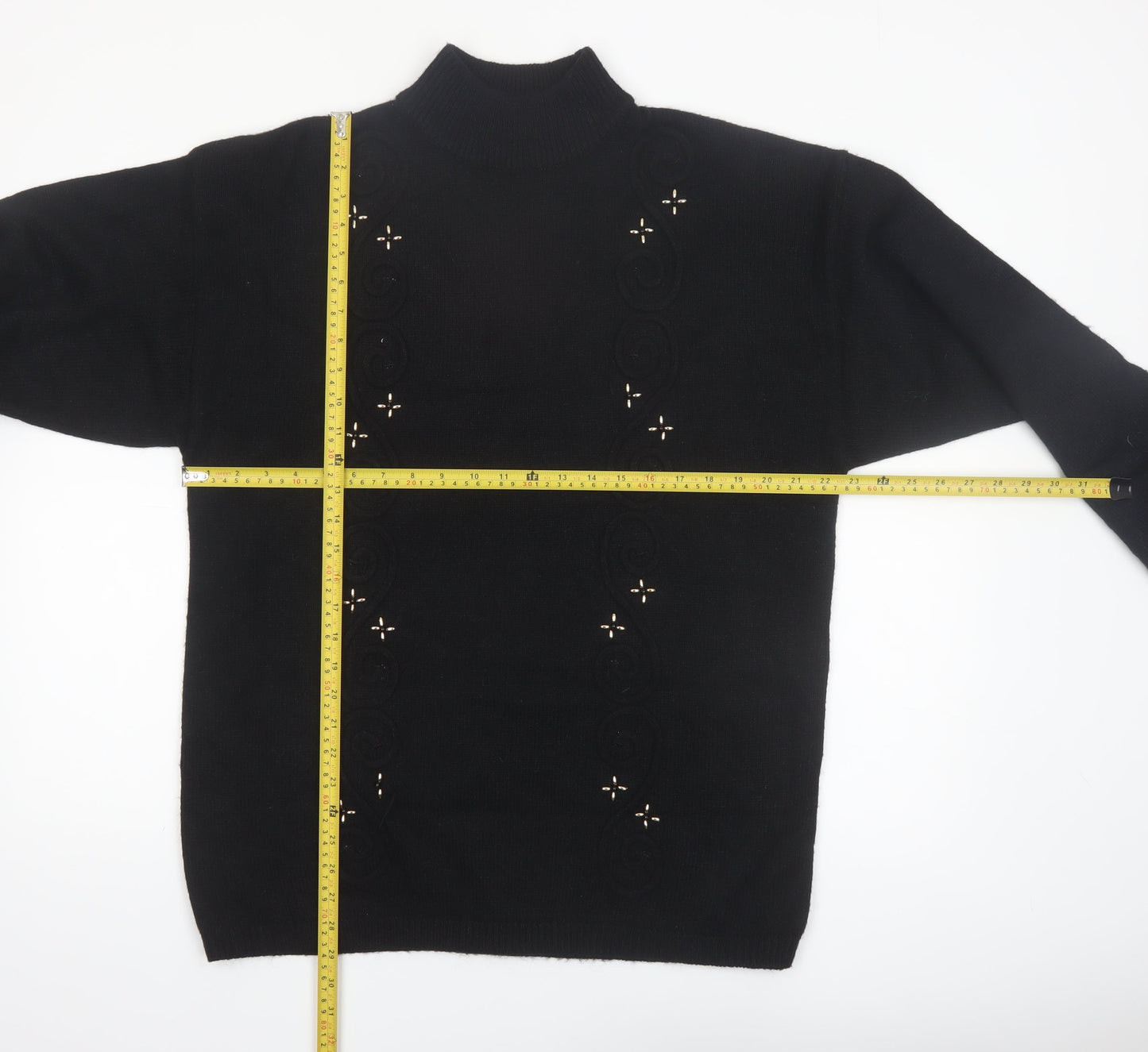Leslie Fay Women Black L Mock Neck Embellished Knit Jumper