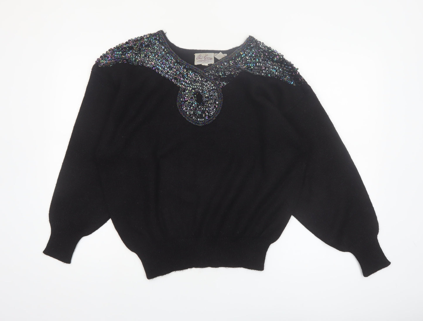Phil Carry Womens Black Beaded 80s Vintage Pullover Jumper L