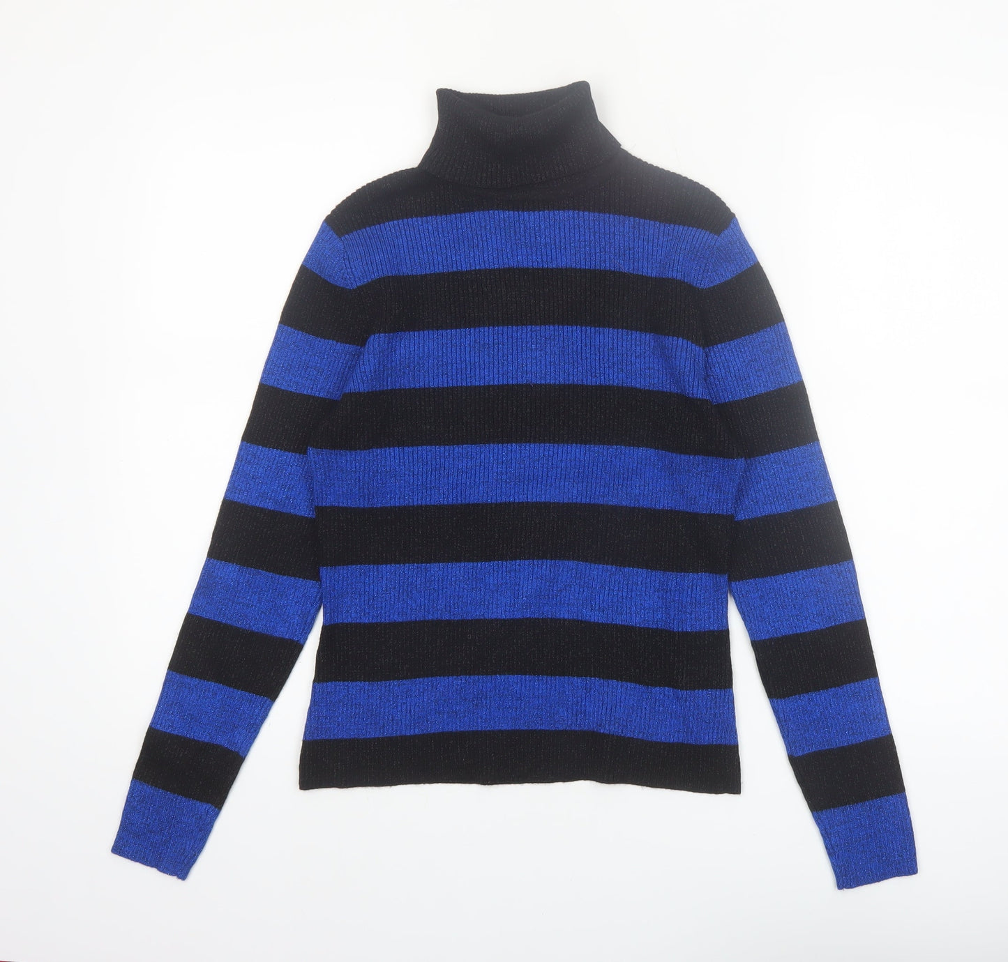 Worthington Women Black Blue Stripe Roll Neck Jumper Small Rayon Blend