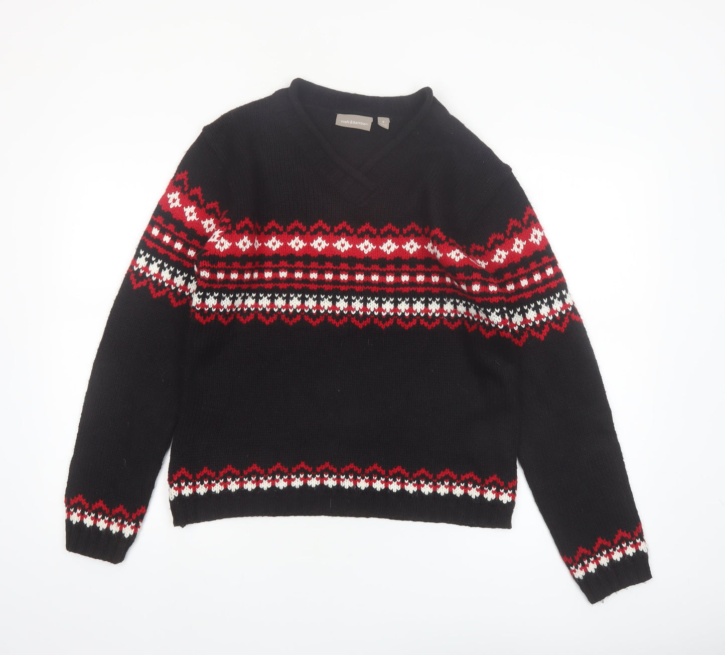 Croft & Barrow Women's Black Red Fair Isle V-Neck Acrylic Jumper Size S