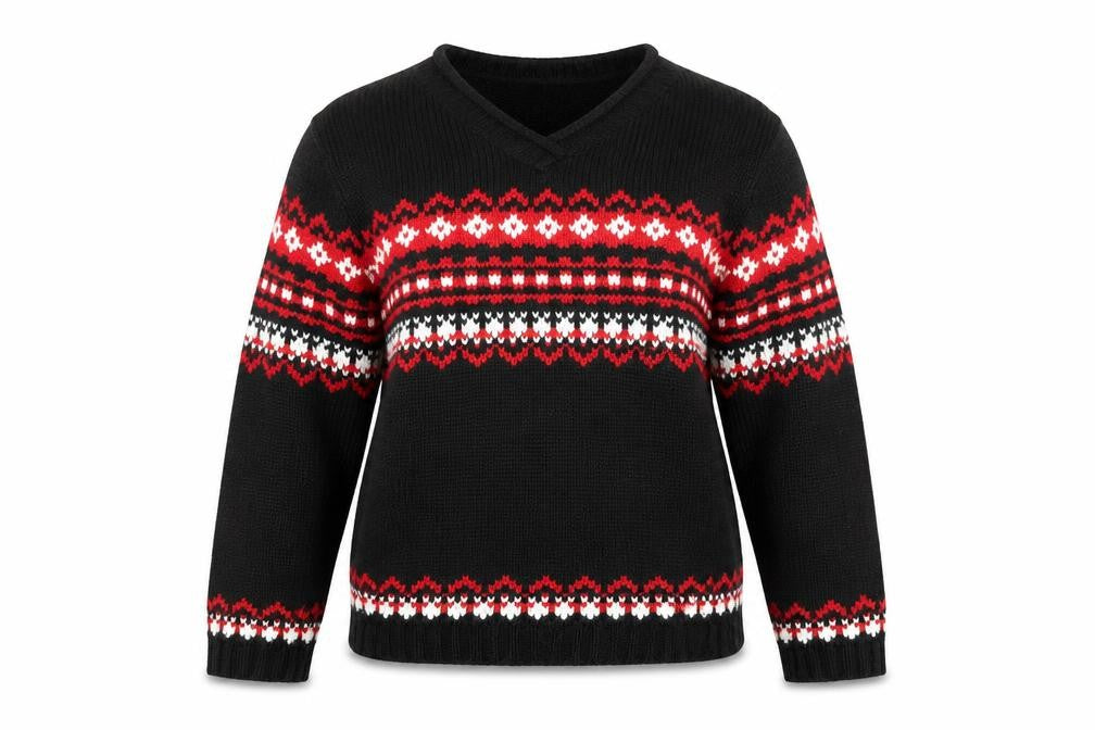 Croft & Barrow Women's Black Red Fair Isle V-Neck Acrylic Jumper Size S