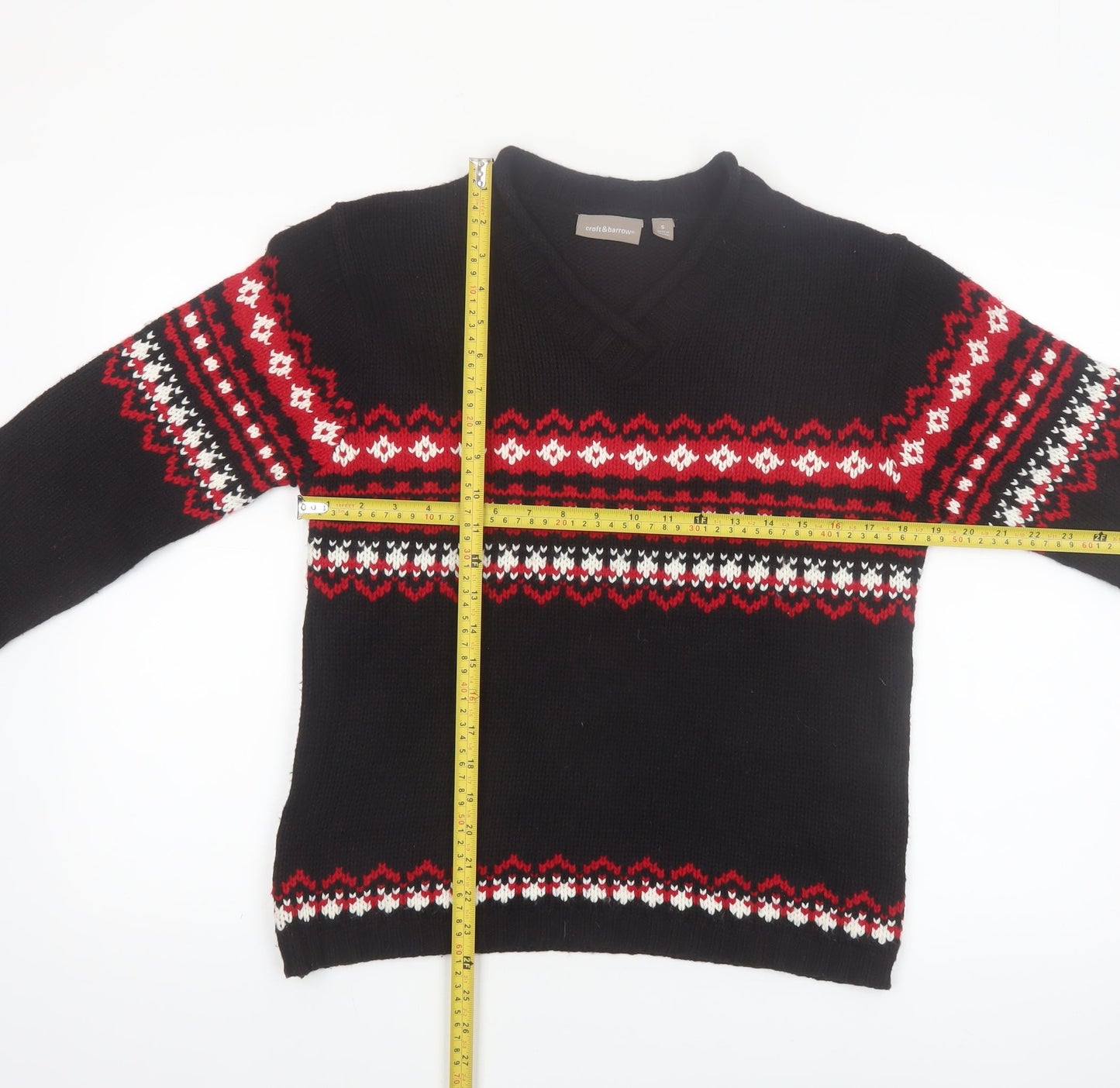 Croft & Barrow Women's Black Red Fair Isle V-Neck Acrylic Jumper Size S