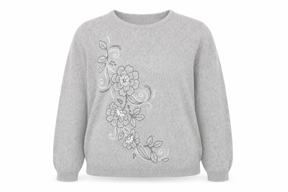 Alfred Dunner Women's Grey Floral Embroidered Pullover Jumper Size L