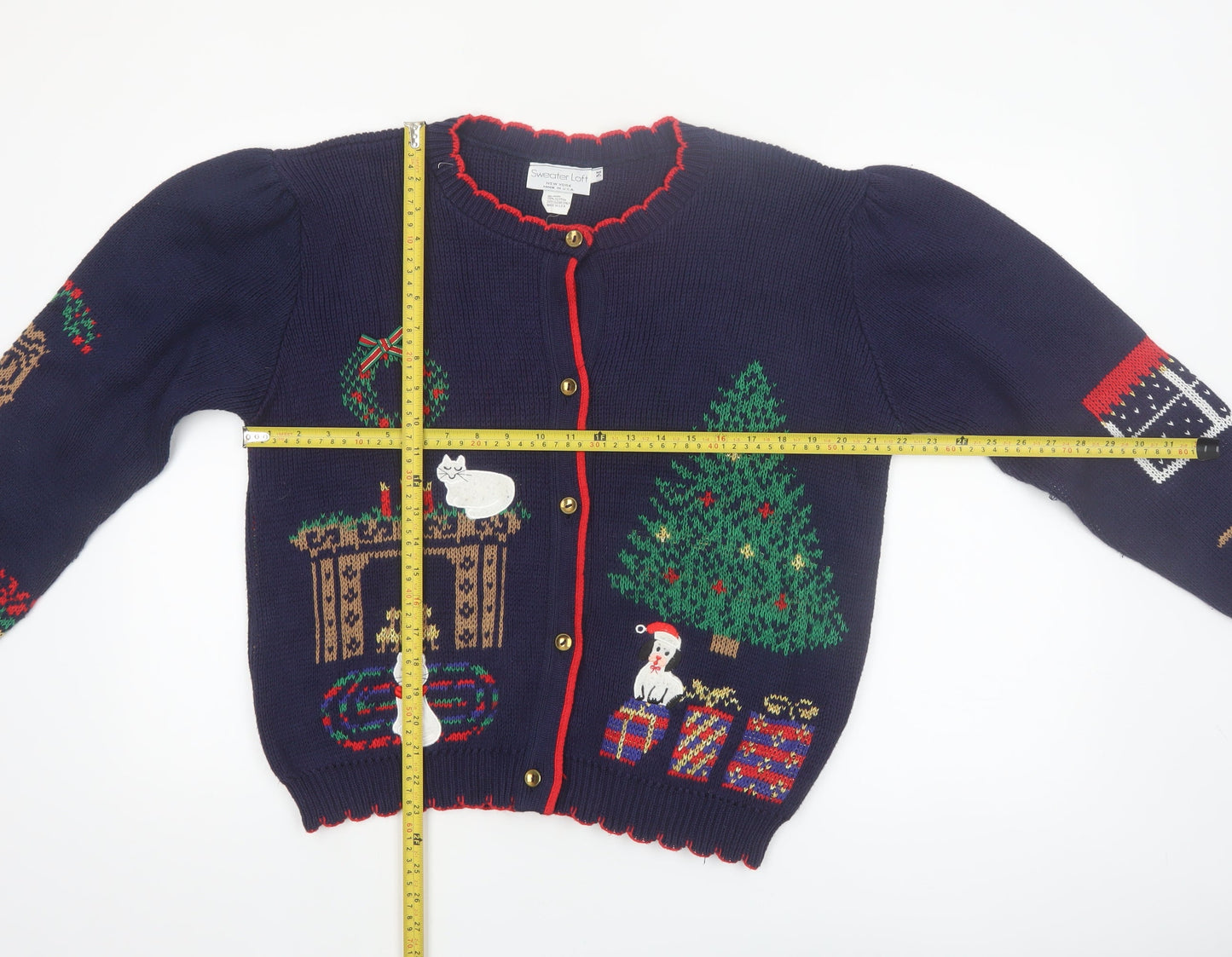 Sweater Loft Womens Blue Christmas Cat Dog Knit Cardigan M