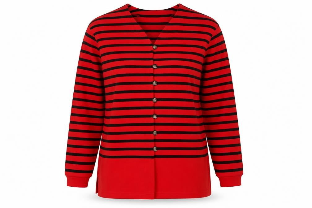 John Henry Womens Red Black Striped Cardigan Medium V-Neck Knit