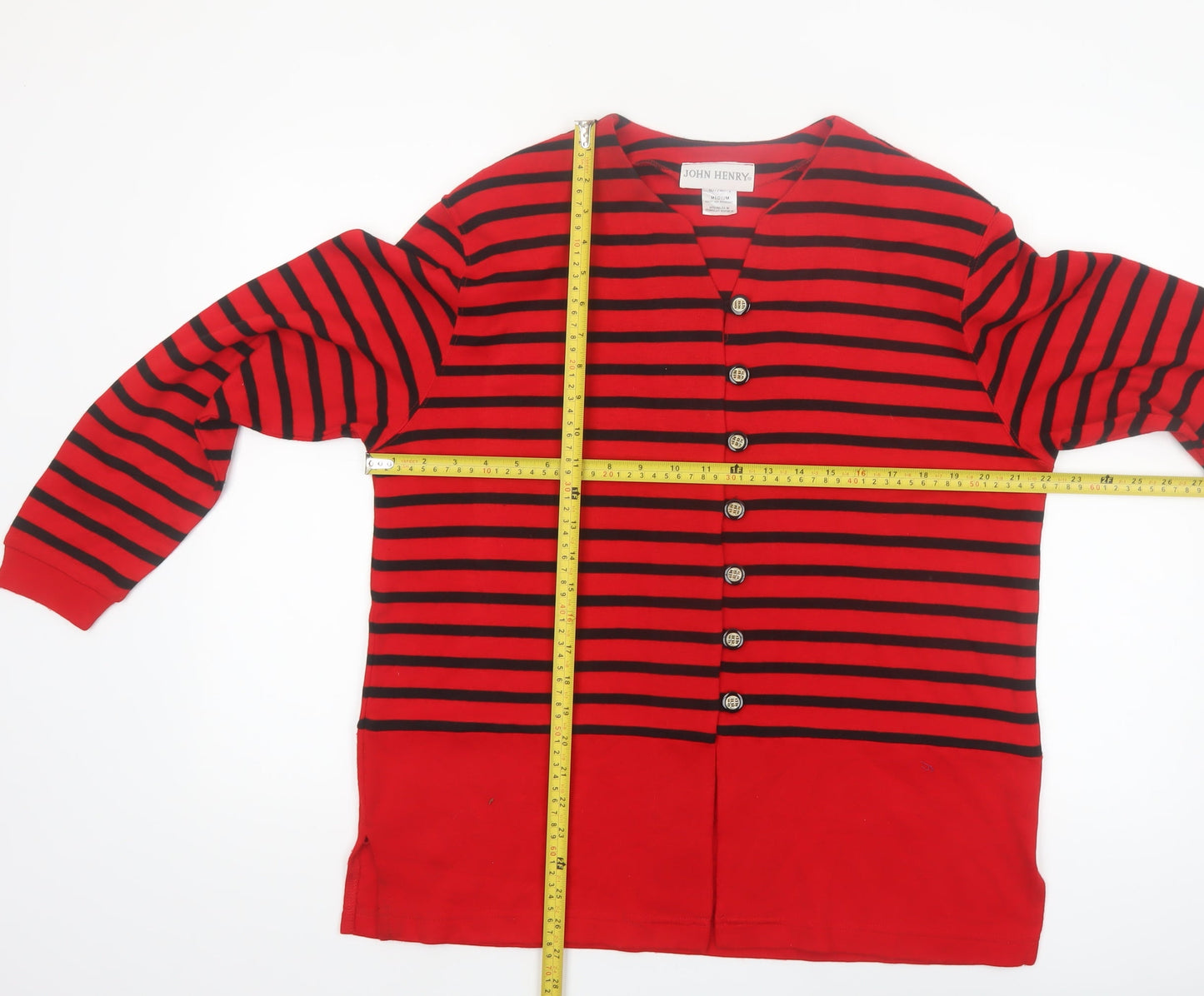 John Henry Womens Red Black Striped Cardigan Medium V-Neck Knit