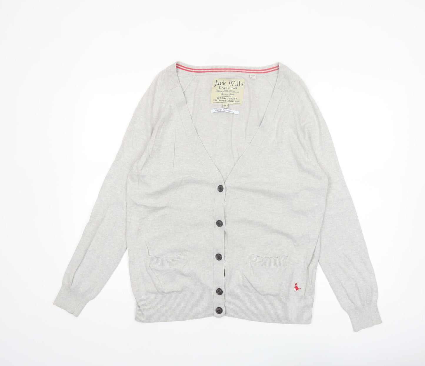 Jack Wills Womens Grey Cardigan Knitwear UK 14 Cotton Cashmere Blend