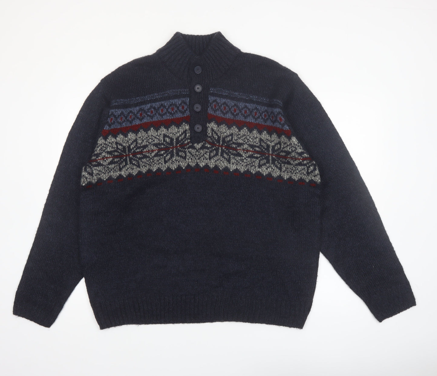 Tricots St. Raphael Men's Blue Fair Isle Henley Wool Jumper XL