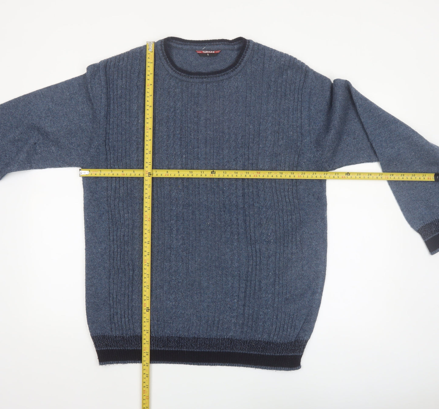 Turhan Men's Blue Wool Blend Crew Neck Jumper Size L