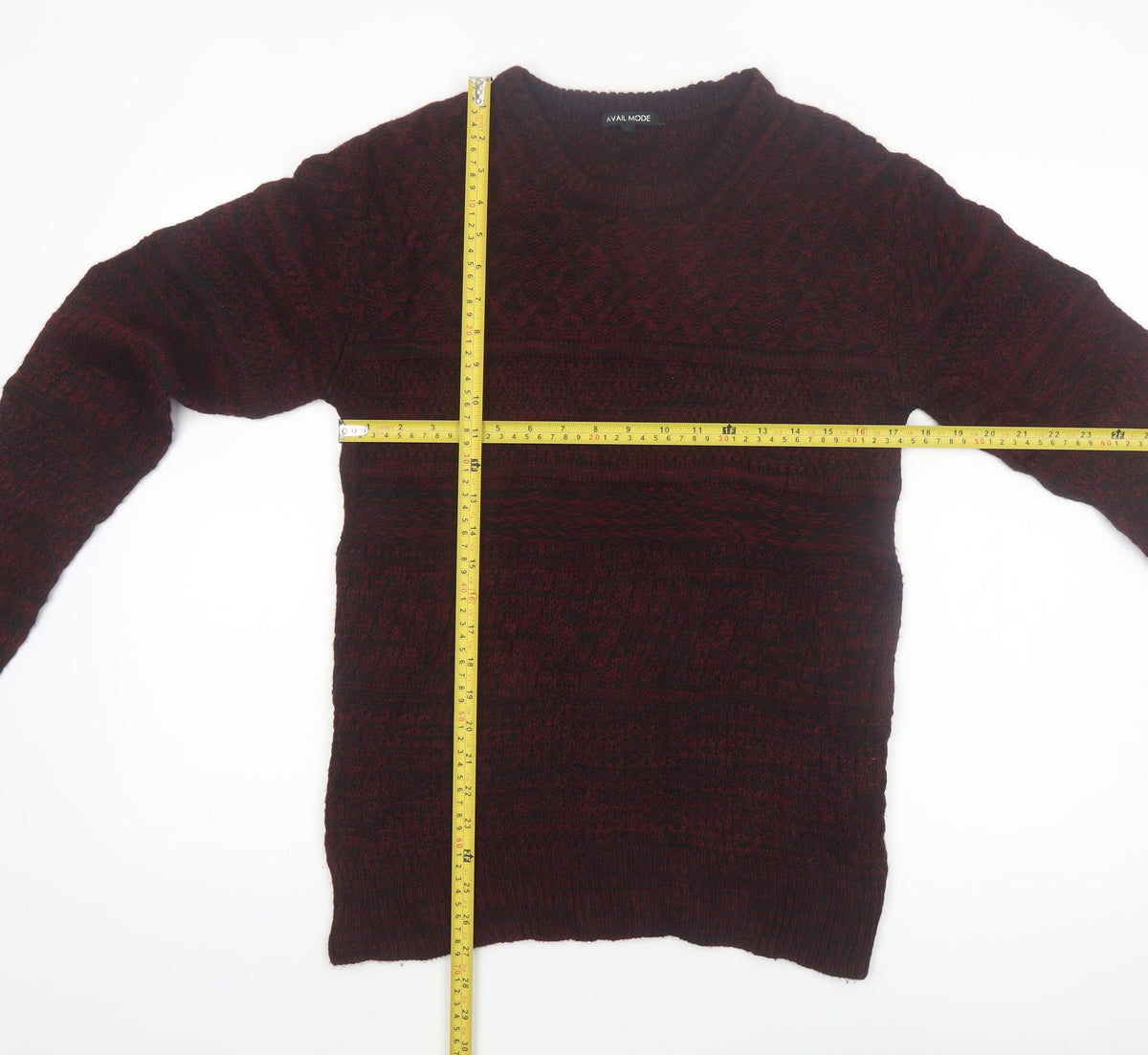 Close-up detail of Avail Mode Men's Red Knit Crew Neck Cable jumper L