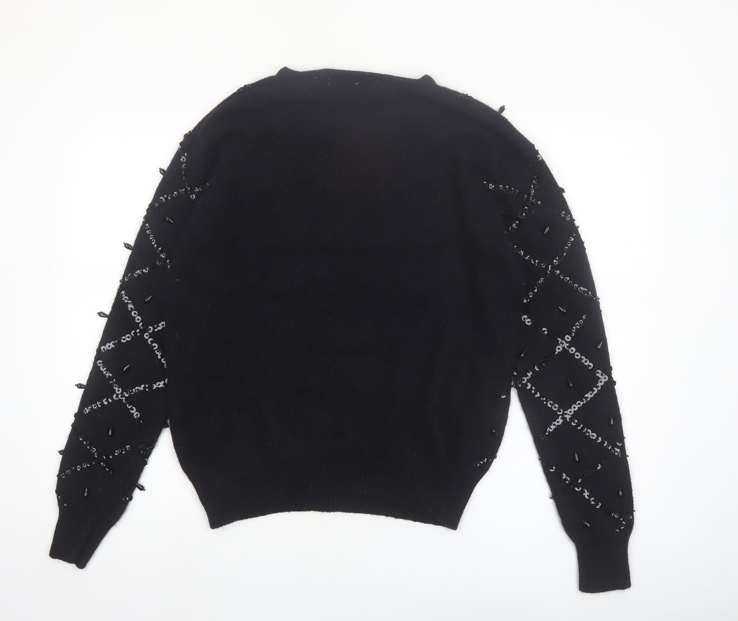 Karen Scott Women Black L Beaded Argyle Silk Blend Jumper