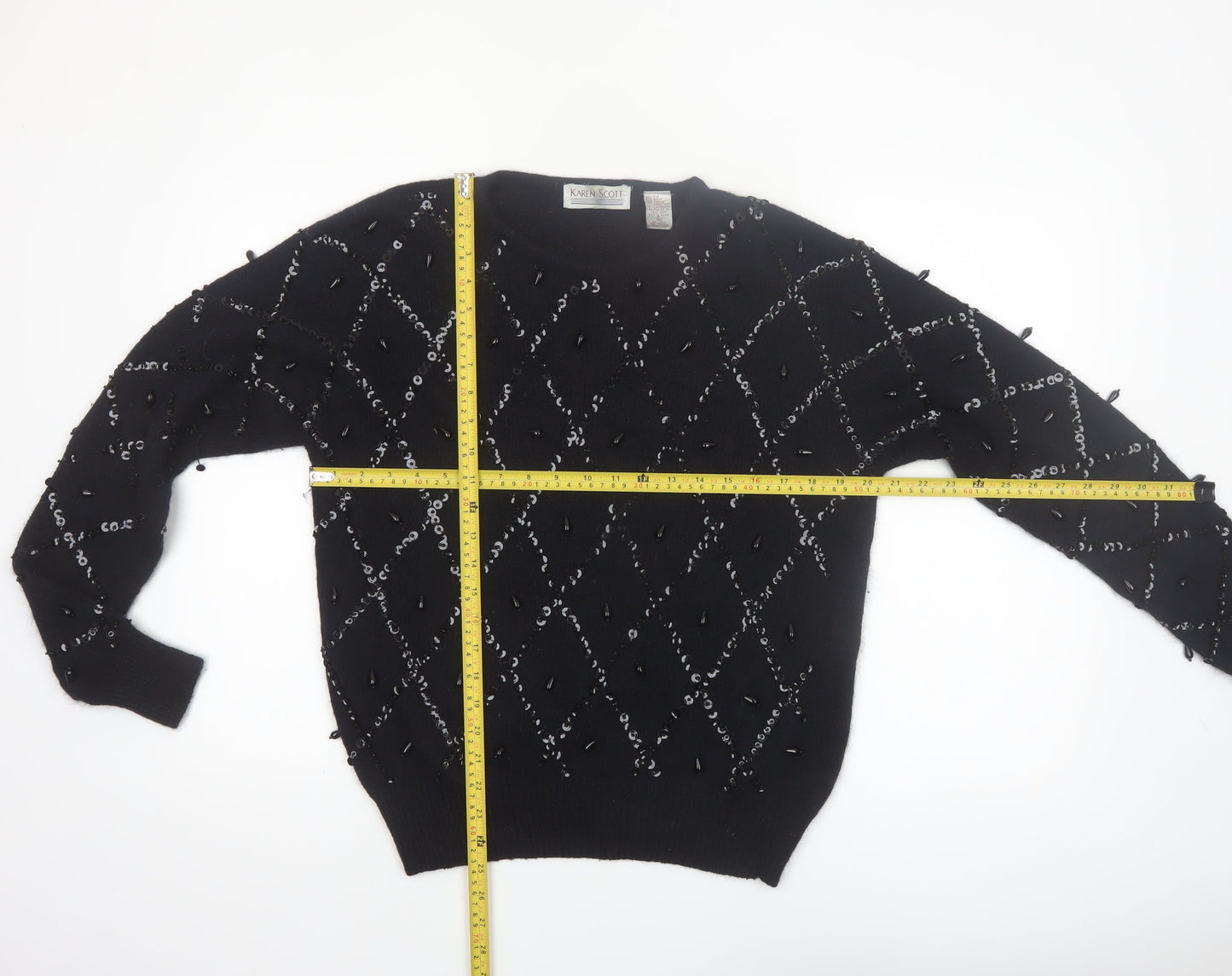 Karen Scott Women Black L Beaded Argyle Silk Blend Jumper