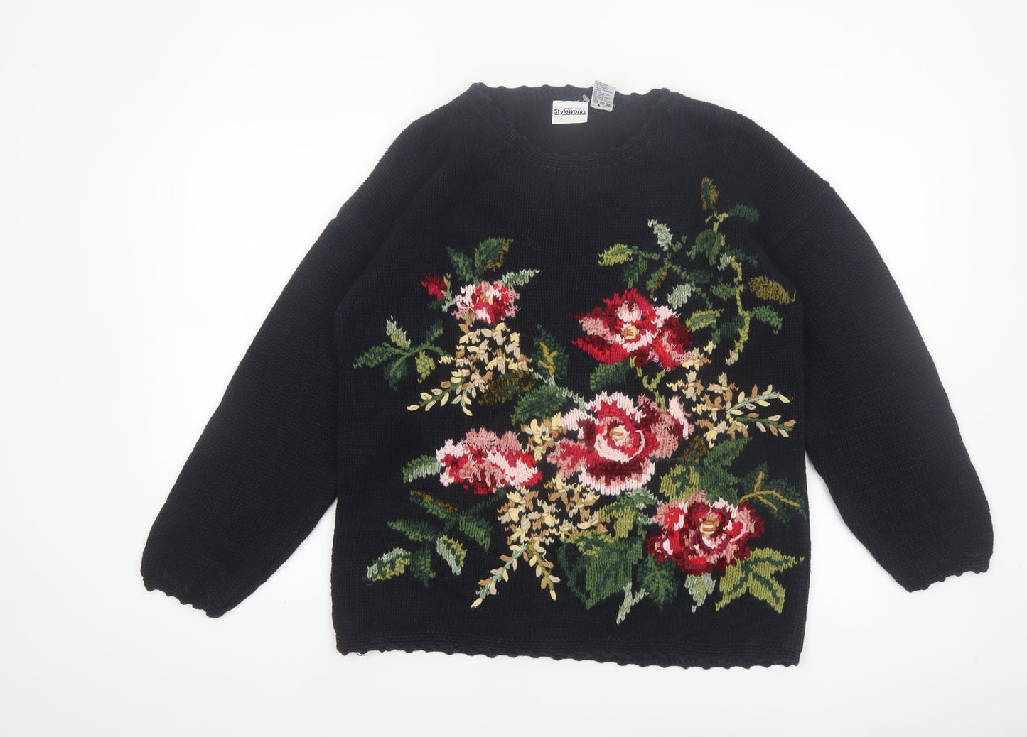 Styleworks Womens Black Floral Knit Ramie Cotton Jumper M