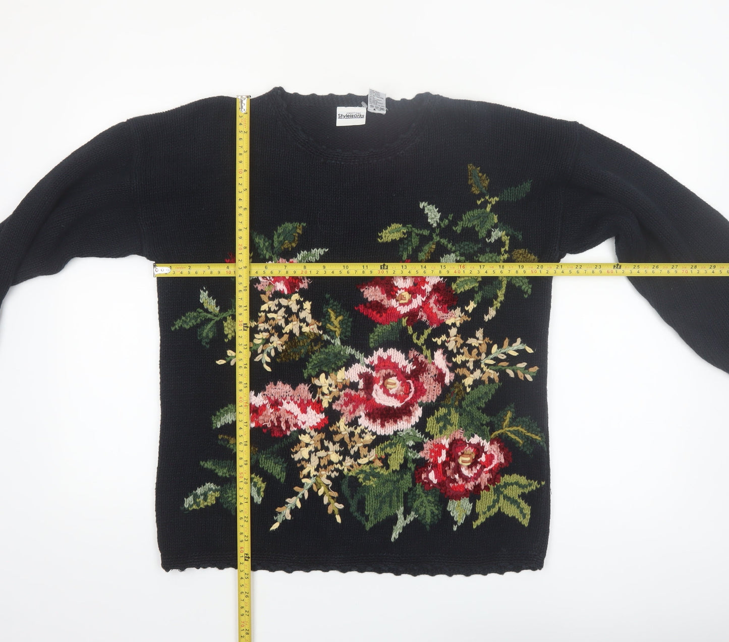 Styleworks Womens Black Floral Knit Ramie Cotton Jumper M