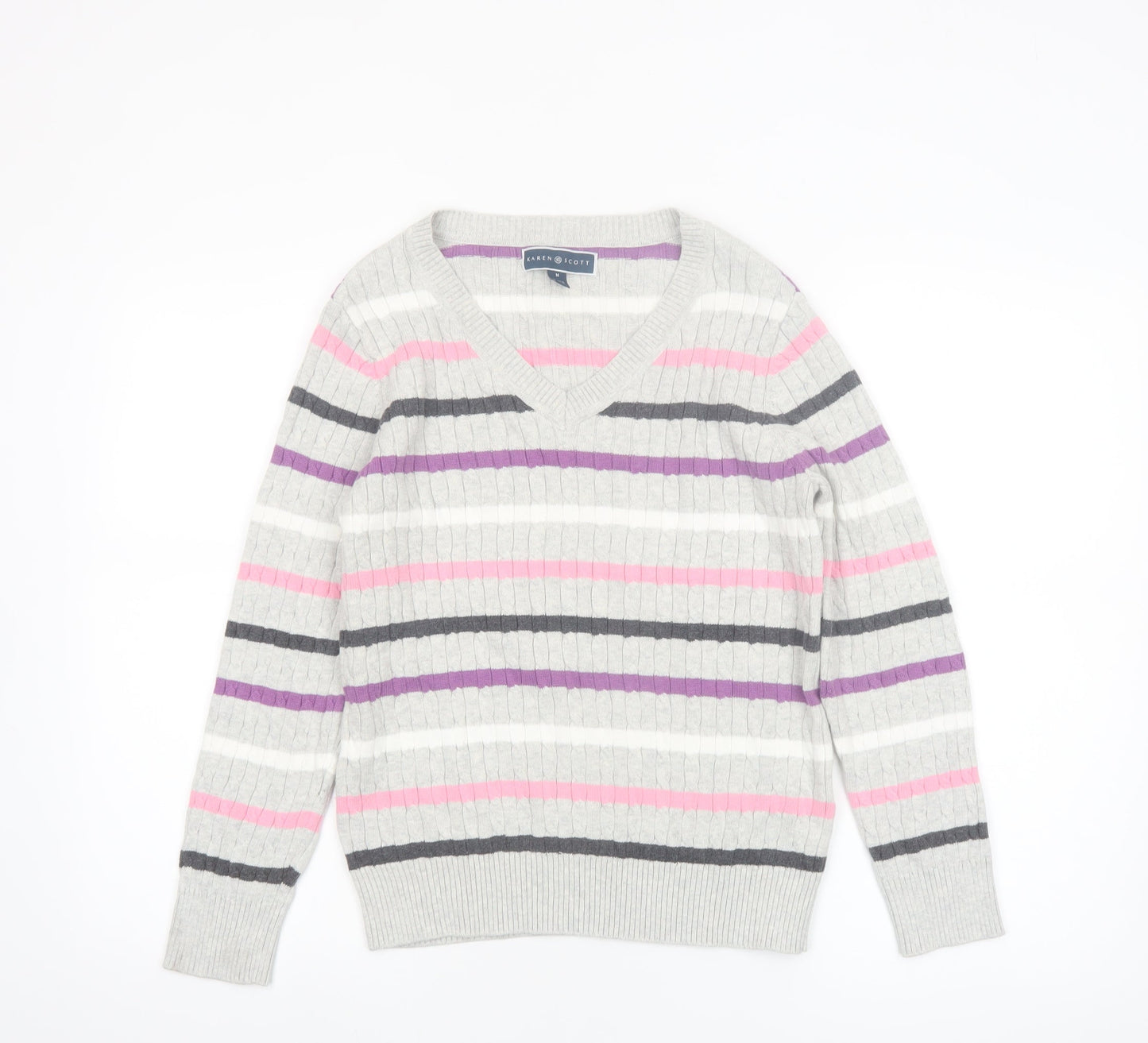 Karen Scott Women’s Multicoloured Striped V-Neck Cotton Jumper Size 12