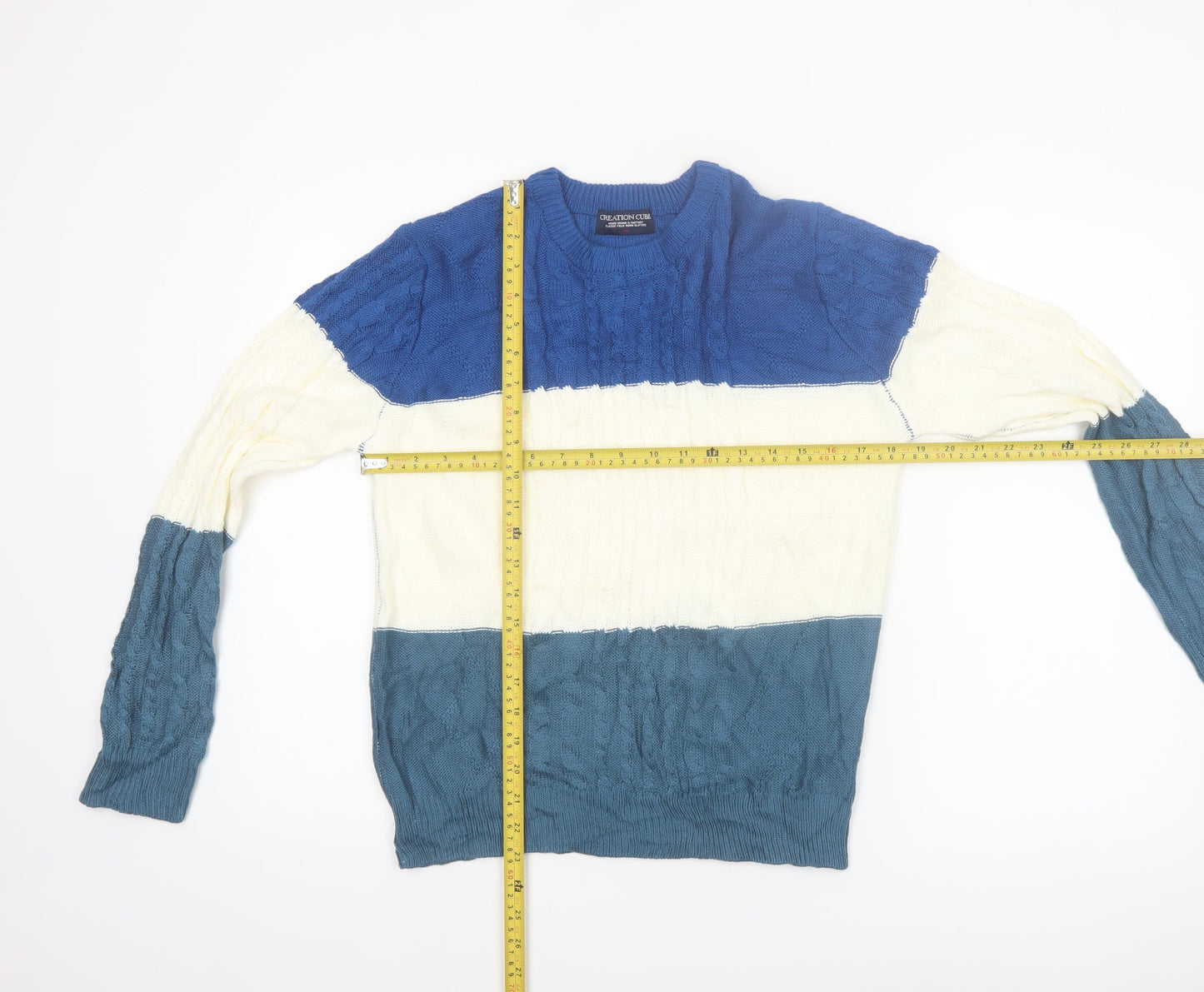 Creation Cube Womens Blue Striped Cable-Knit Pullover Jumper M