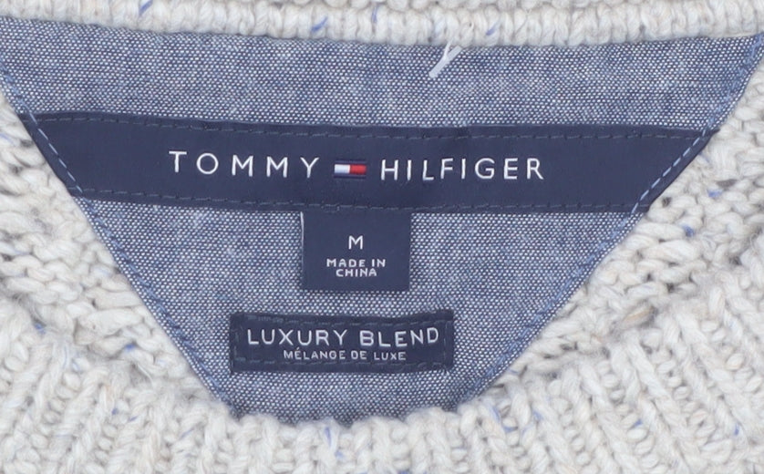 Tommy Hilfiger Men's Beige Cable-Knit Wool Cotton Jumper M Classic Fit