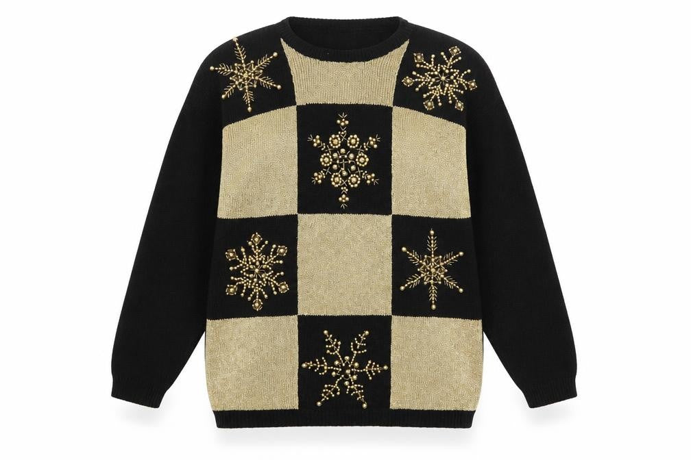 Eminent Womens Black Gold Beaded Christmas Pullover Jumper M