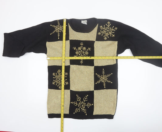 Eminent Womens Black Gold Beaded Christmas Pullover Jumper M