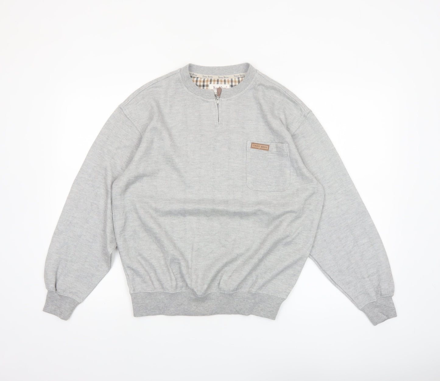 Troy Bros Men's Grey 1/4 Zip Cotton Blend Jumper Size L