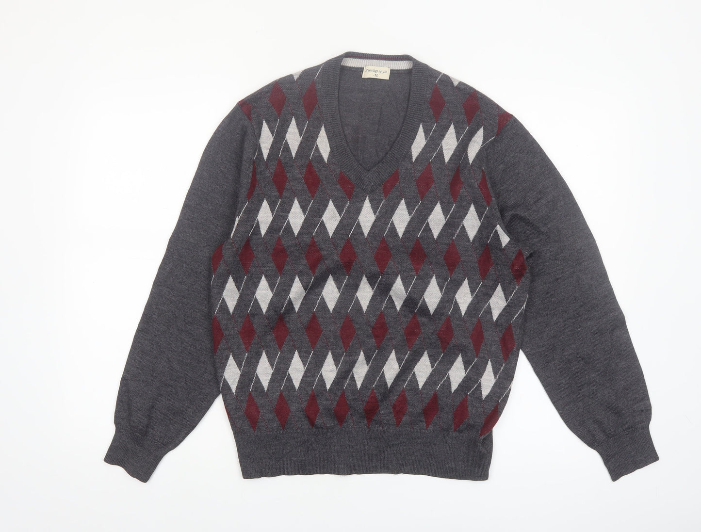 Prestige Style Men's Grey Argyle V-Neck Wool Blend Jumper M