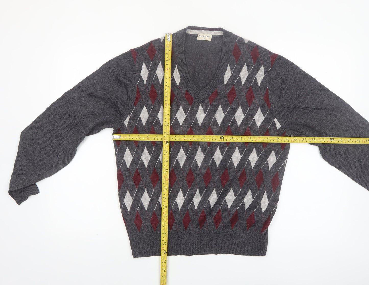 Prestige Style Men's Grey Argyle V-Neck Wool Blend Jumper M