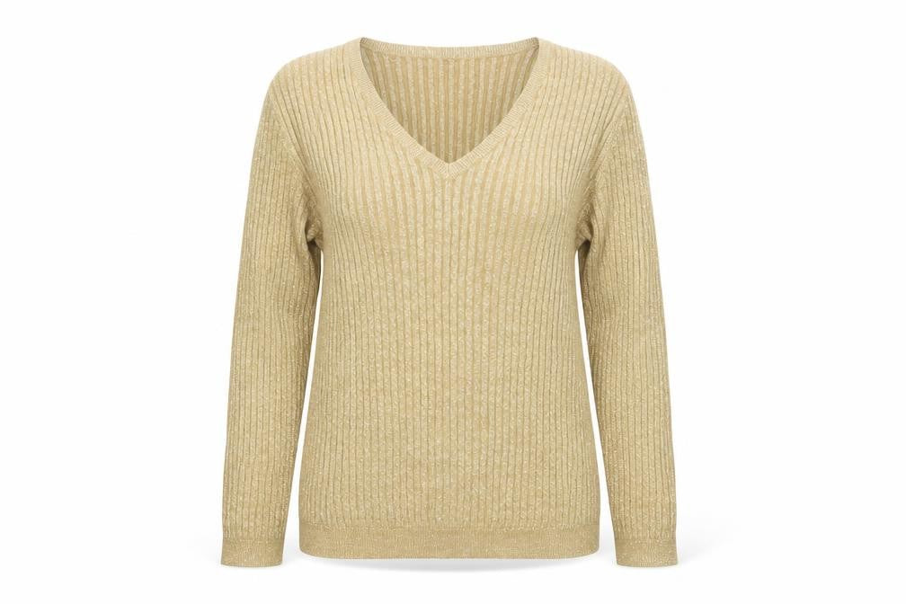 Front view of Lauren Ralph Lauren Women’s Gold Silk Blend V-Neck Petite Jumper L