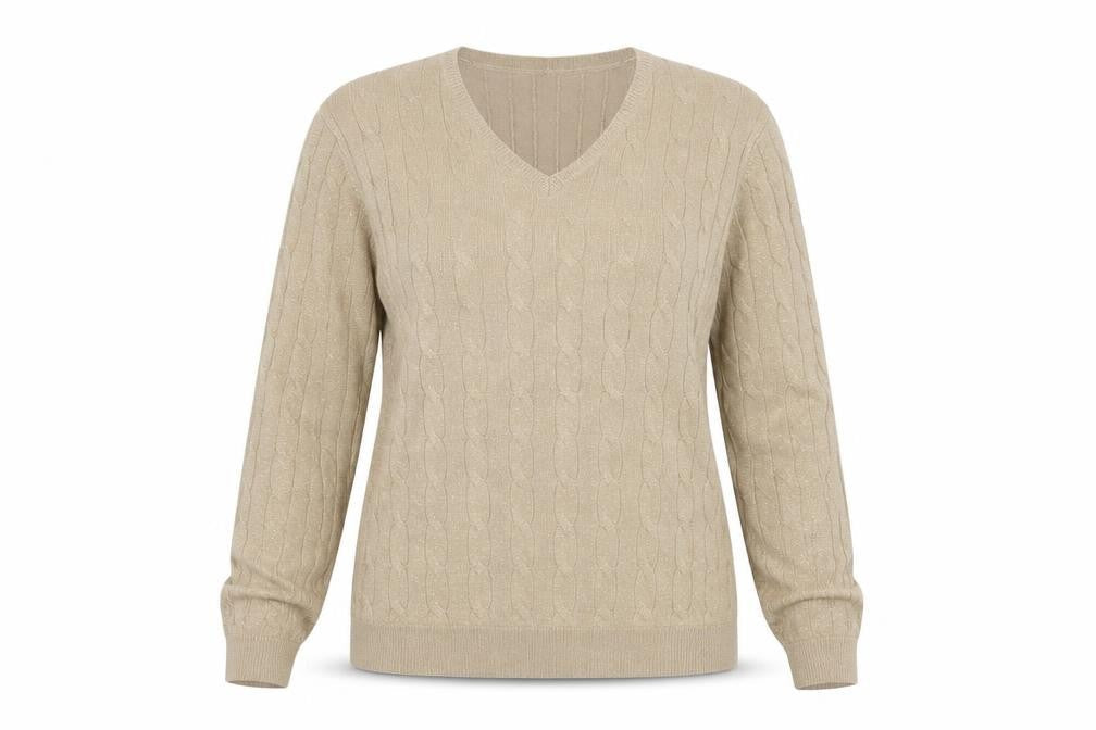 Croft & Barrow Women's Beige Cable Knit V-Neck Pullover Jumper L