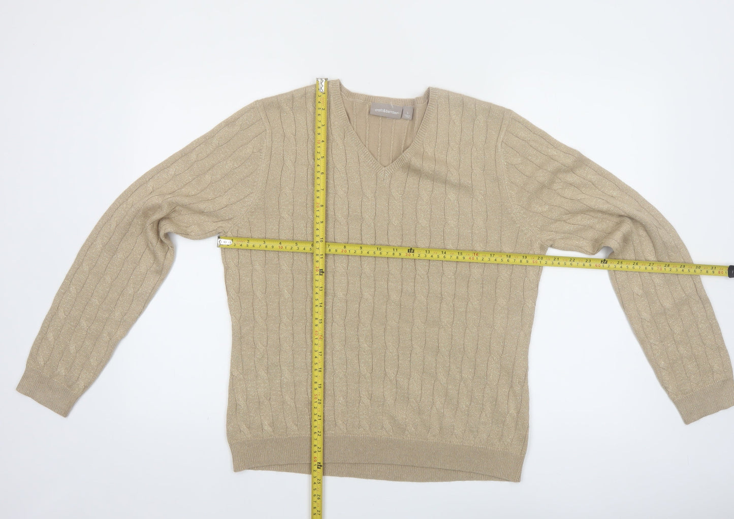 Croft & Barrow Women's Beige Cable Knit V-Neck Pullover Jumper L