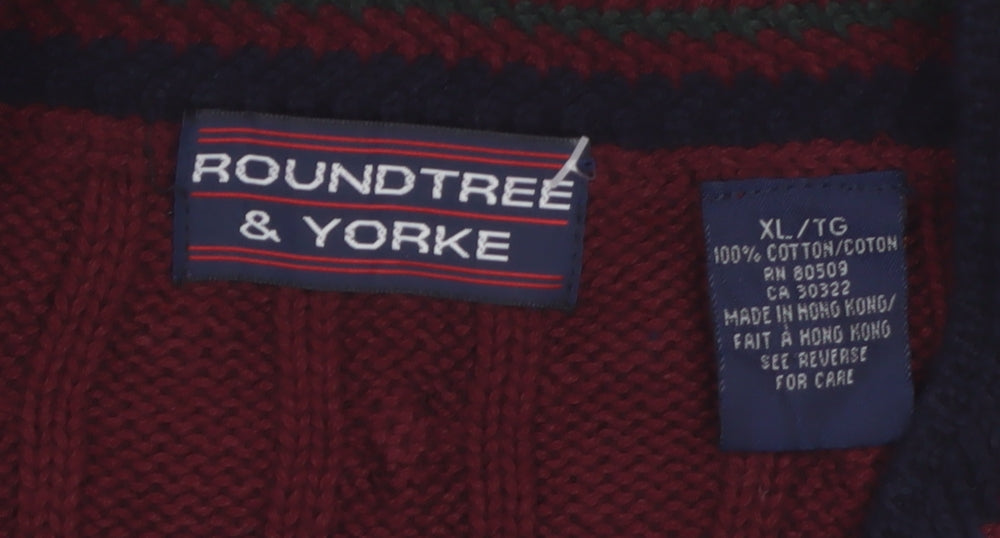 Roundtree & Yorke Men's Red Cable-Knit V-Neck Cotton Jumper XL