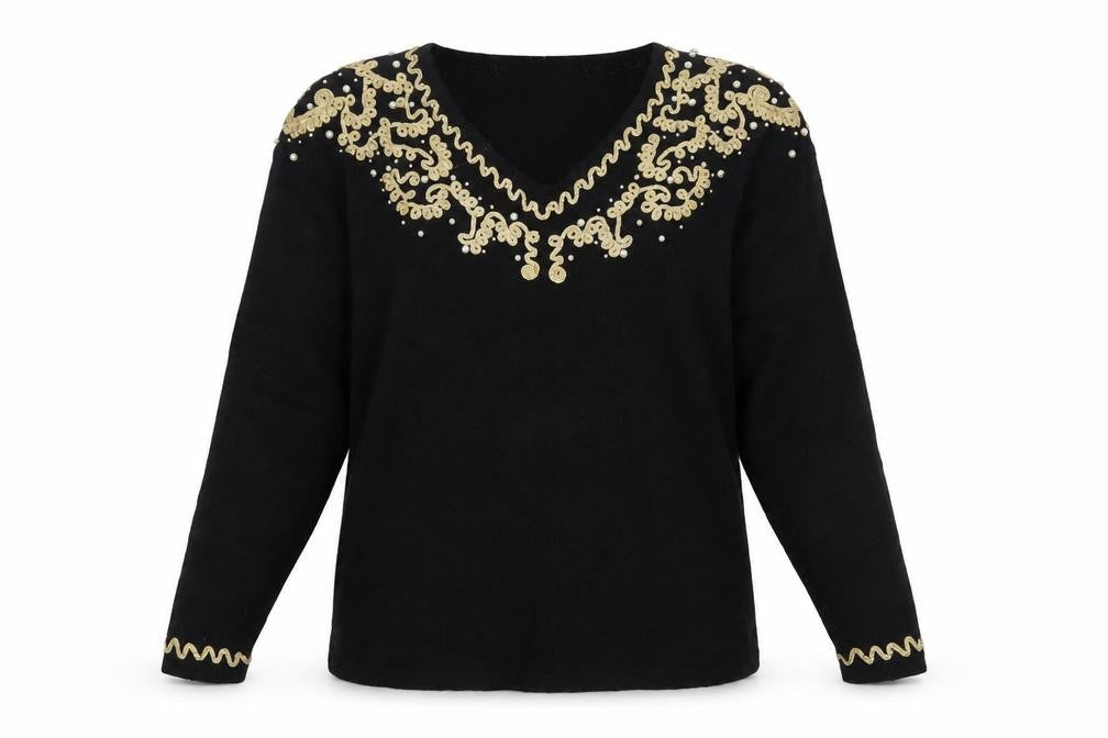 Evan-Picone Women's Black Petite M Wool Angora Beaded V-Neck Jumper