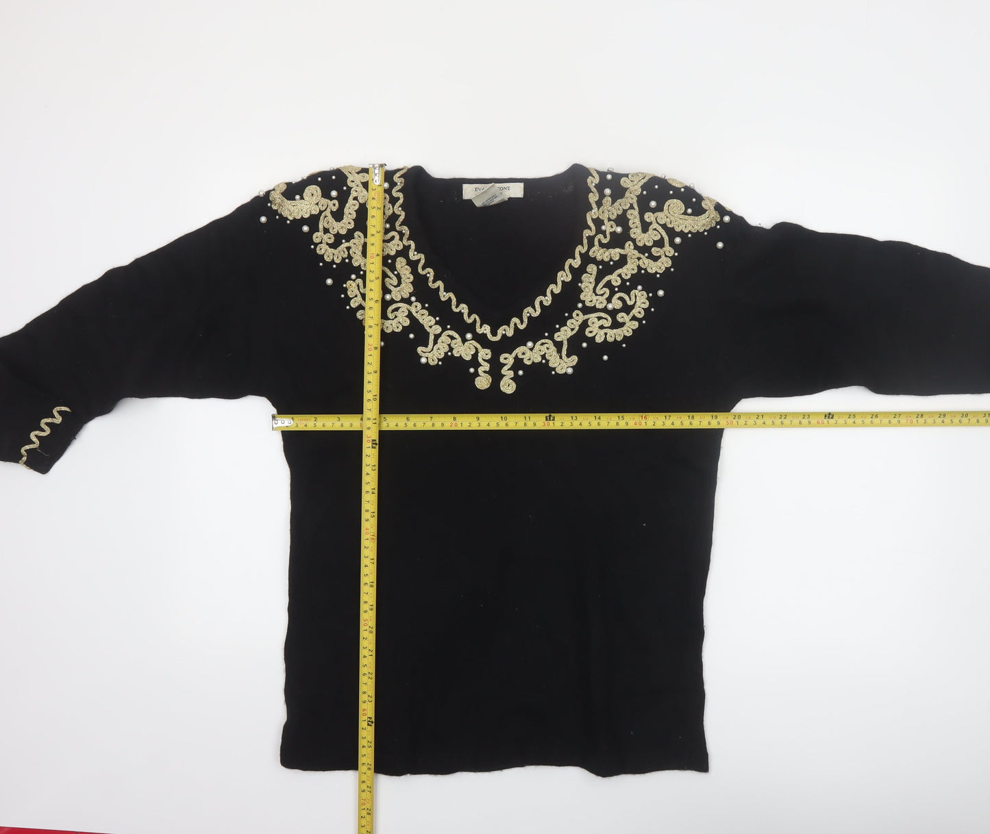 Evan-Picone Women's Black Petite M Wool Angora Beaded V-Neck Jumper