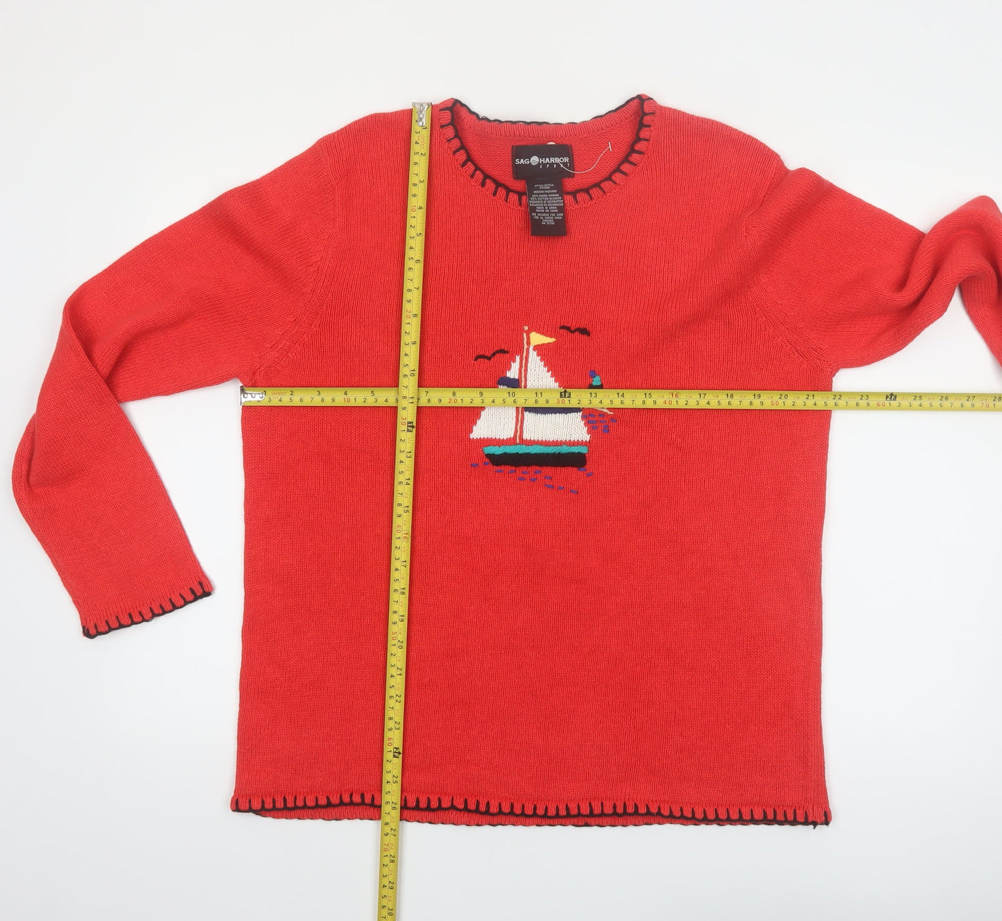 Sag Harbor Women Red Nautical Embroidered Pullover Jumper Size M