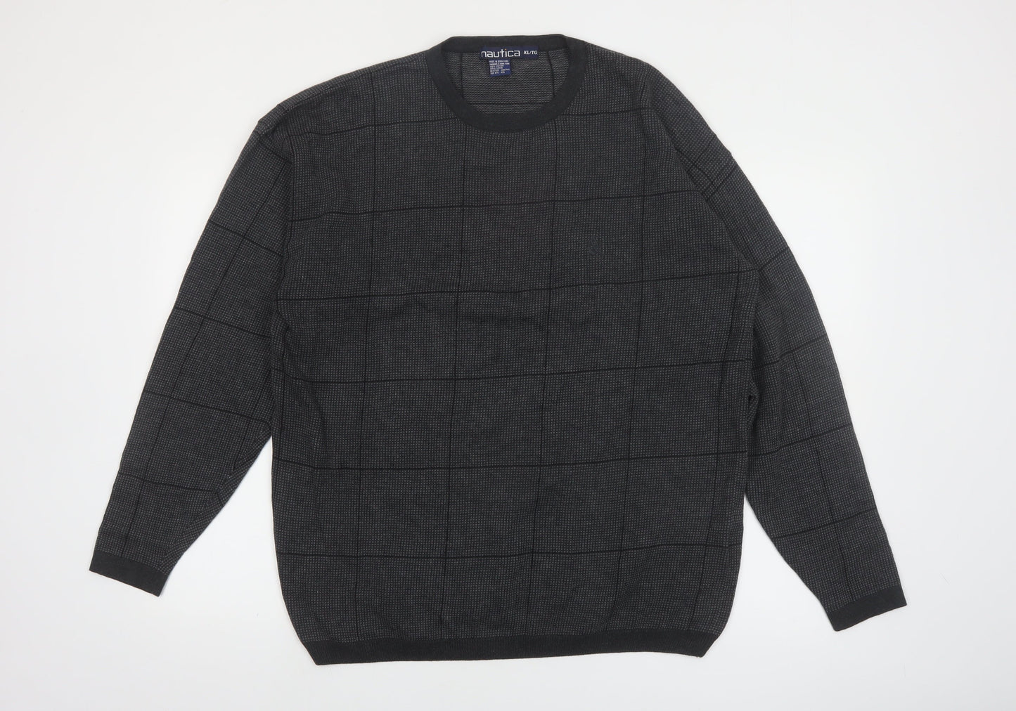 Nautica Mens Grey Check Cotton Crew Neck Jumper XL