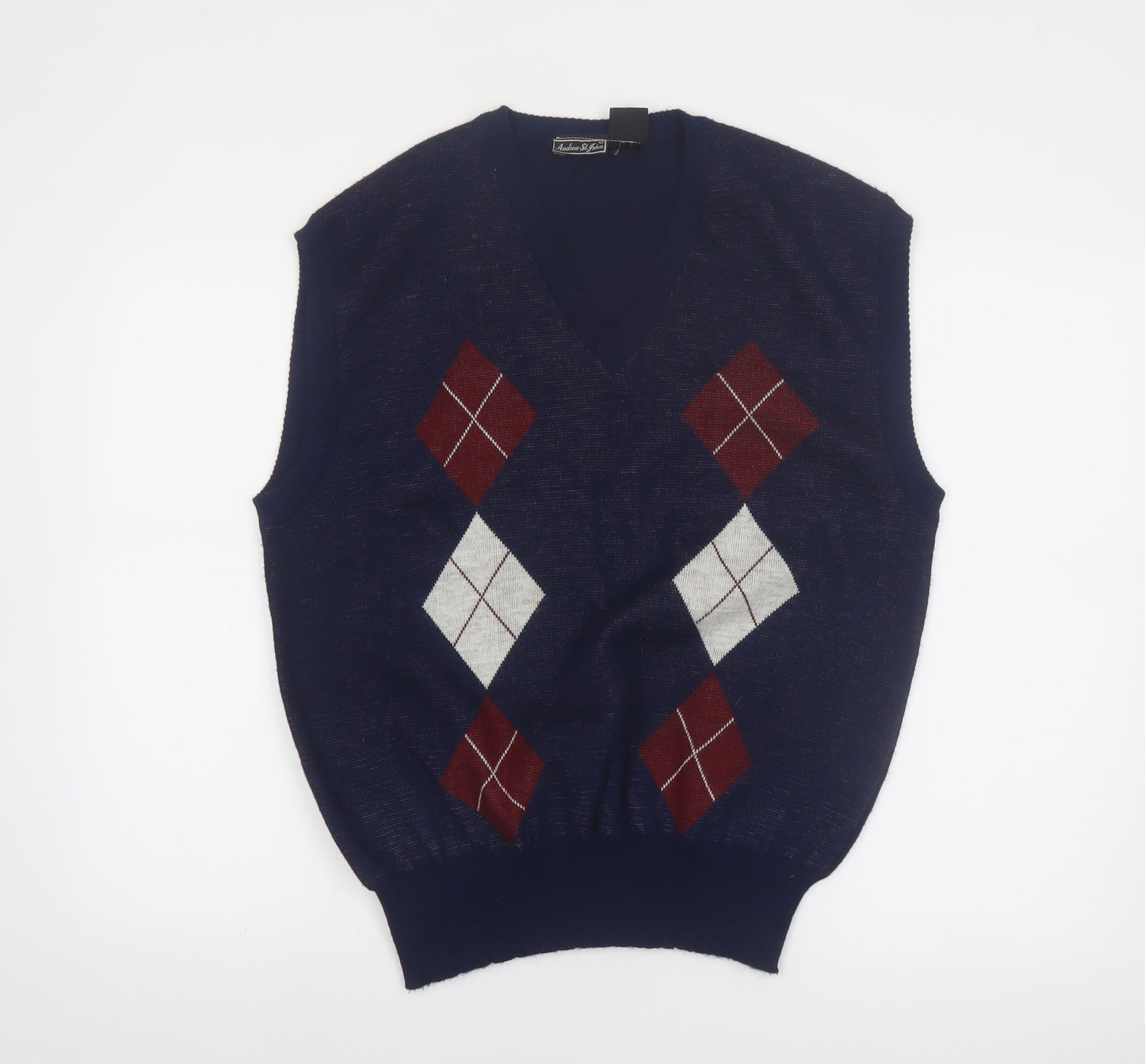 Andrew St. John Men's Blue Argyle Knit Sleeveless V-Neck Jumper Vest XL