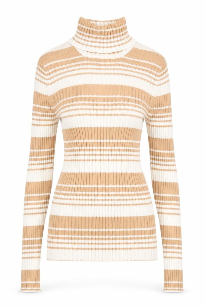 It's Our Time Women Beige Striped Roll Neck Ribbed Jumper Size L