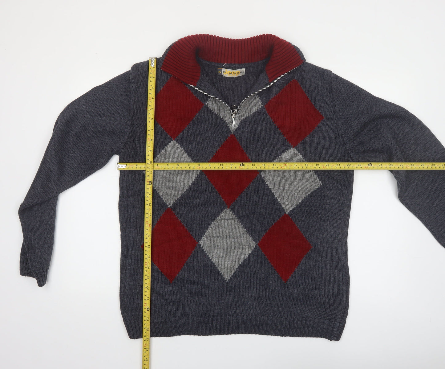 Jeep by Dandy Men's Grey Argyle 1/2 Zip Wool Blend Jumper XL