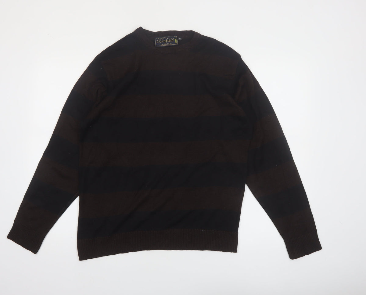 Back view of Cornfield Men's Brown Striped Crew Neck Knit Jumper, size M