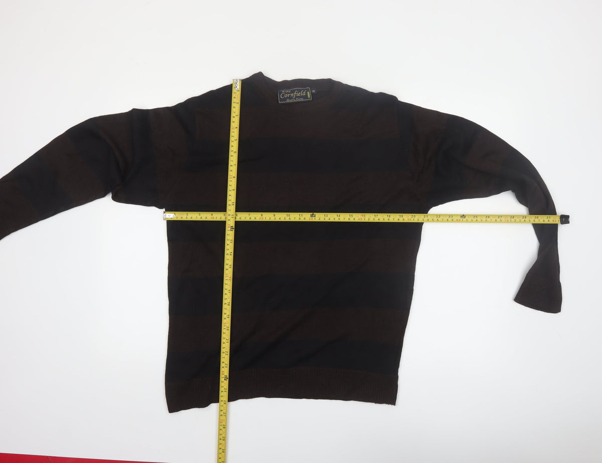 Close-up detail of Cornfield Men's Brown Striped Crew Neck Knit Jumper, size M