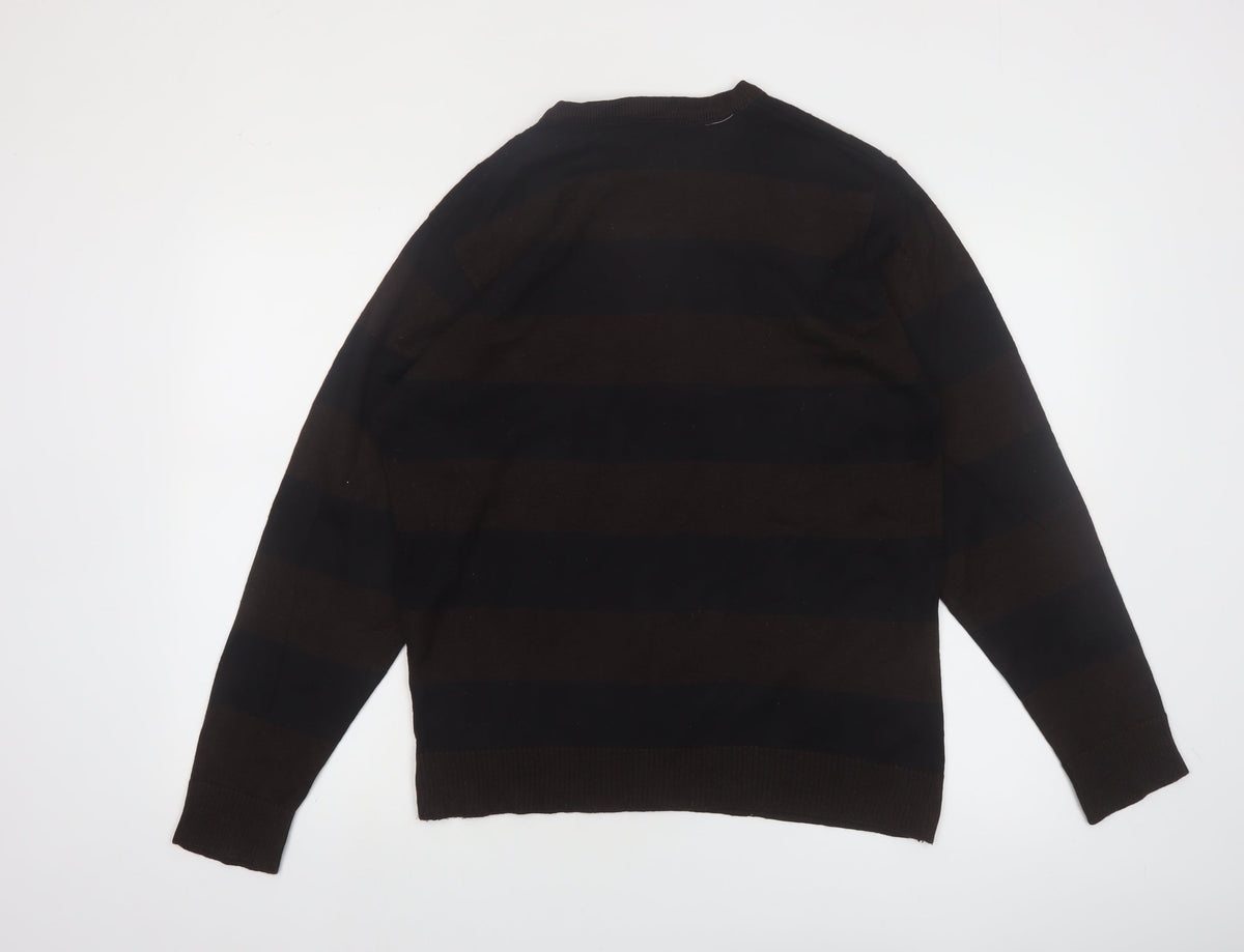 Brand and care label for Cornfield Men's Brown Striped Crew Neck Knit Jumper, size M
