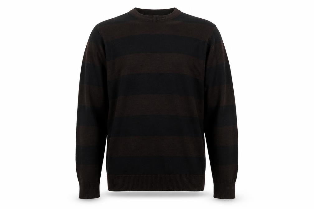 Front view of Cornfield Men's Brown Striped Crew Neck Knit Jumper, size M